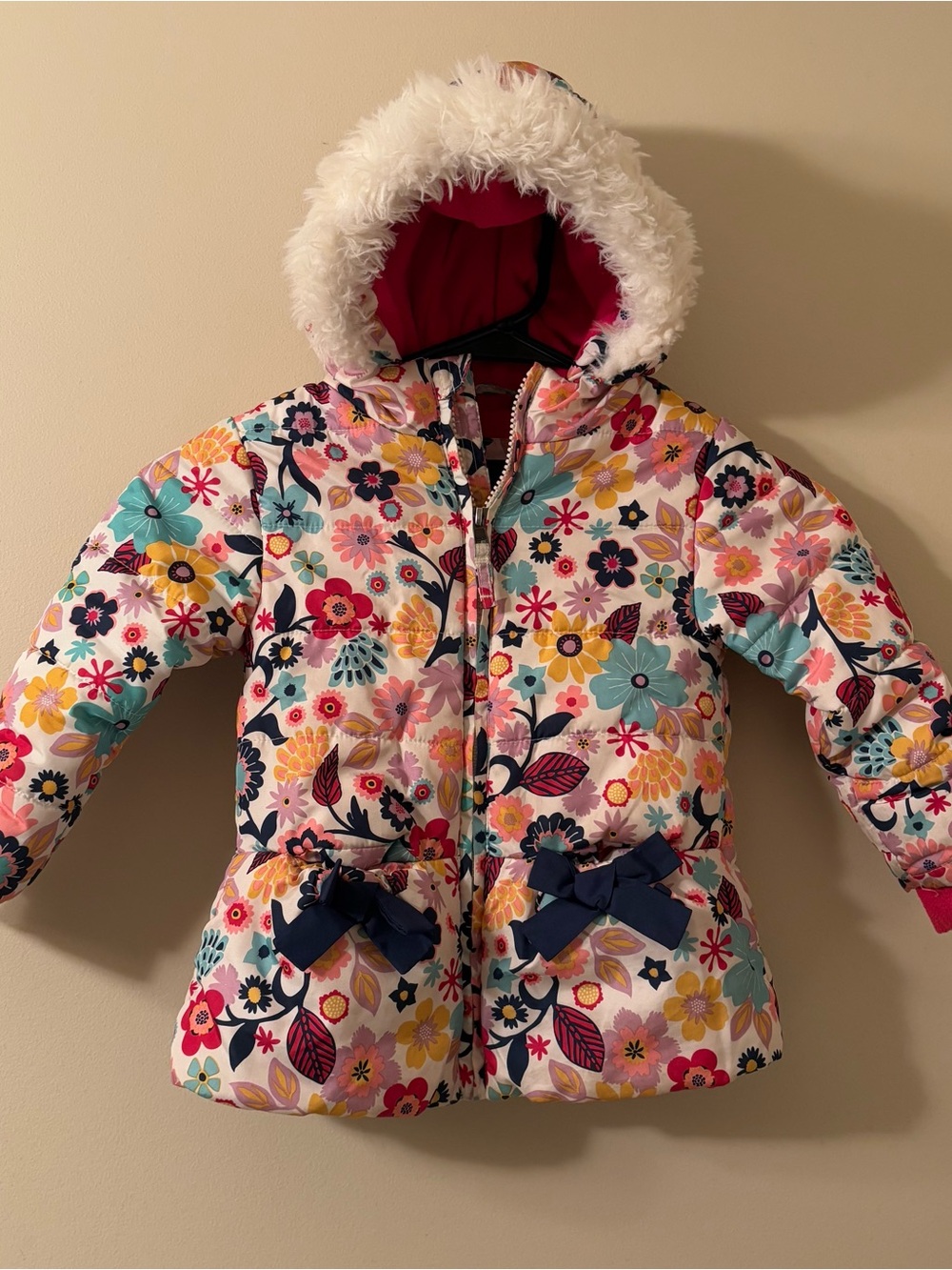 Girls Puffer Hooded Coat with Pink Floral Print Size 2T